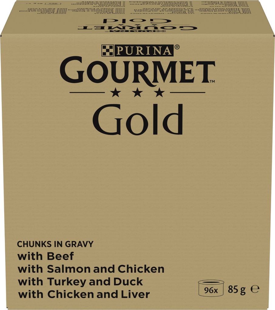 A cardboard box containing multiple cans of cat food.