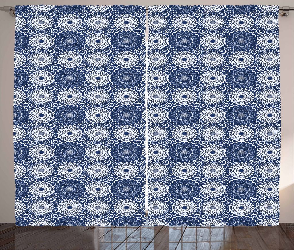 ABAKUHAUS Blauer Mandala Rustikaler Gardine, Große Blumen Curls, Schlafzimmer Kräuselband Vorhang mit Schlaufen und Haken, 280 x 175 cm, Marinebl...