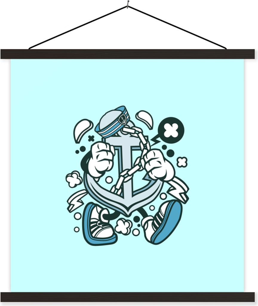MuchoWow Textilposter Anker - Blau - Vintage 120x120 cm mit schwarzem Rahmen - Aufhängungsset