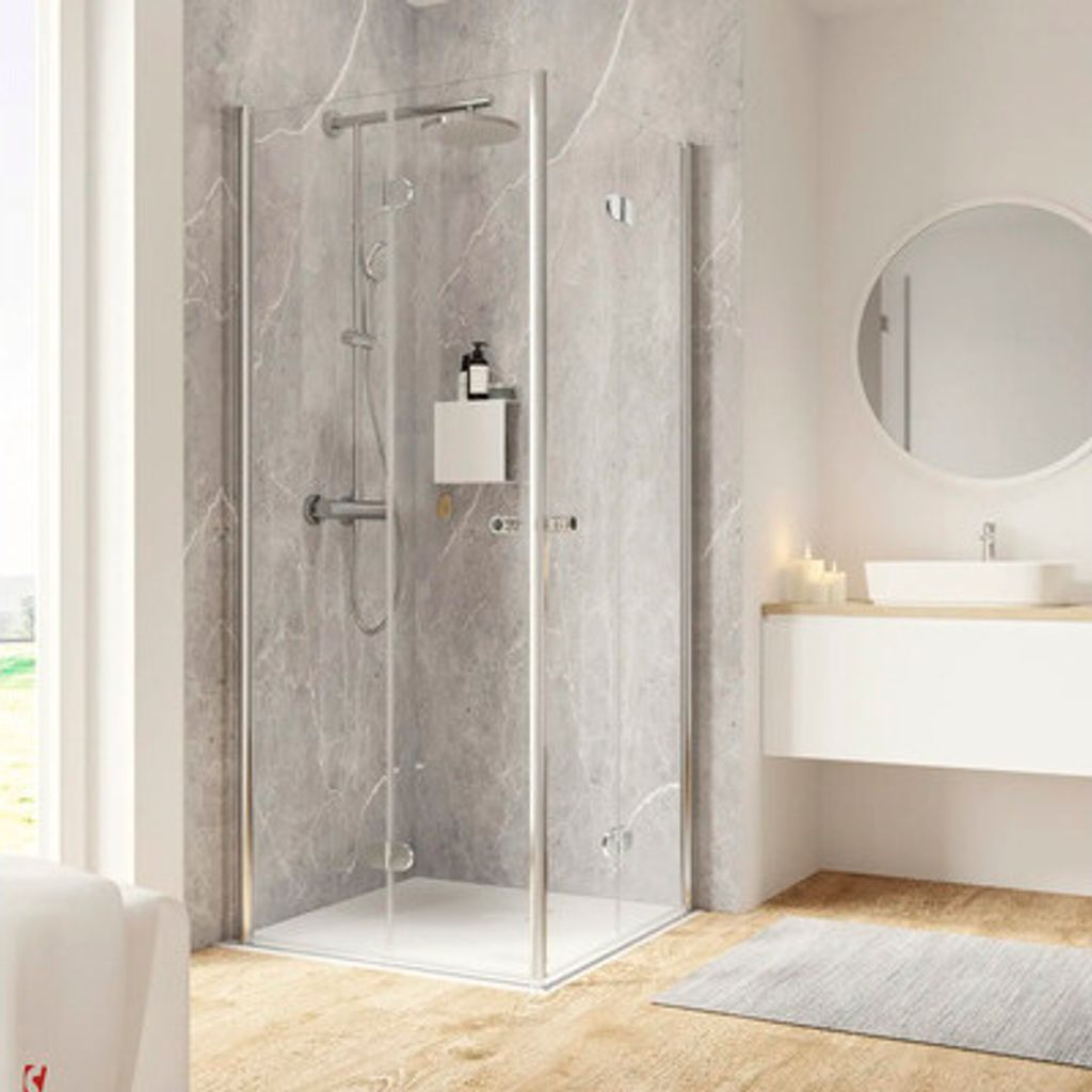 Eckeinstieg mit Drehfalttür SCHULTE Garant 2.0 90 x 100 cm Profil chrom Klarglas Reversibel Puffergriff