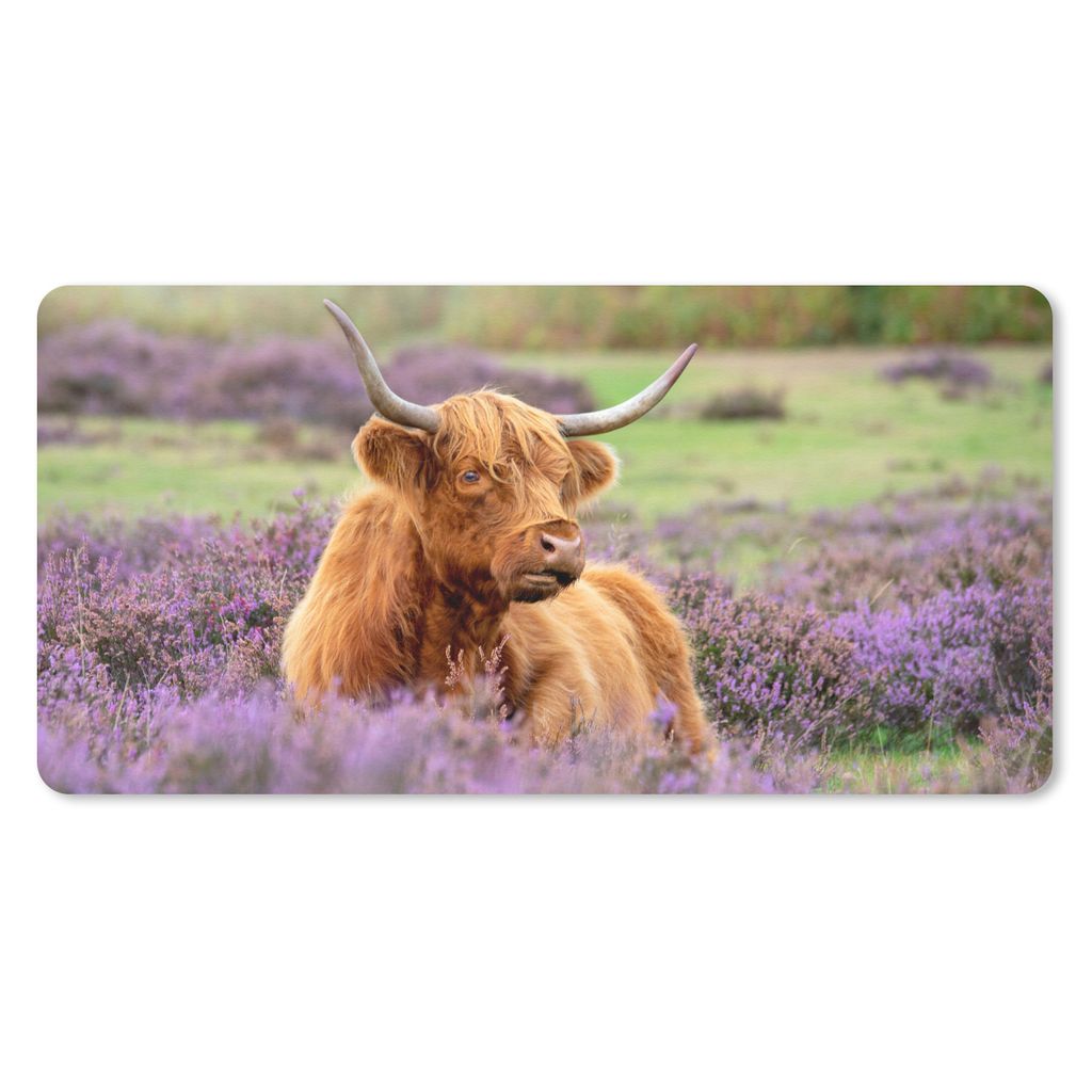 MuchoWow Schreibtischunterlage Schottischer Highlander - Braun - Büsche 80x40 cm - XXL Mauspad - Gaming Mauspad