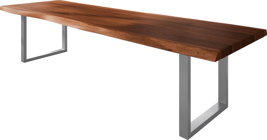 Esstisch Baumkante massiv Akazie nussbaumfarben 320 x 120 U-Gestell Metall silber TITAN