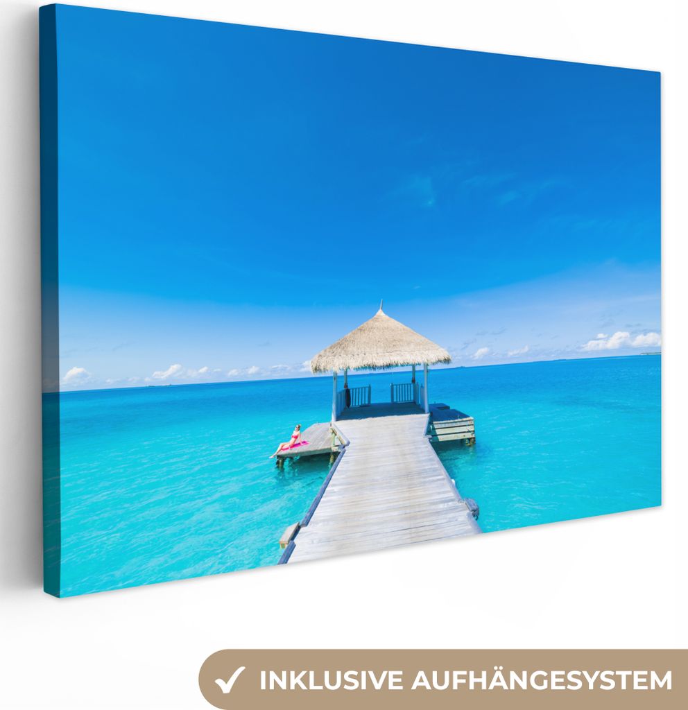 OneMillionCanvasses - Leinwandbilder - 150x100 cm, Meer - Pier - Hütte, Wandbilder Kunstdruck Wanddekoration