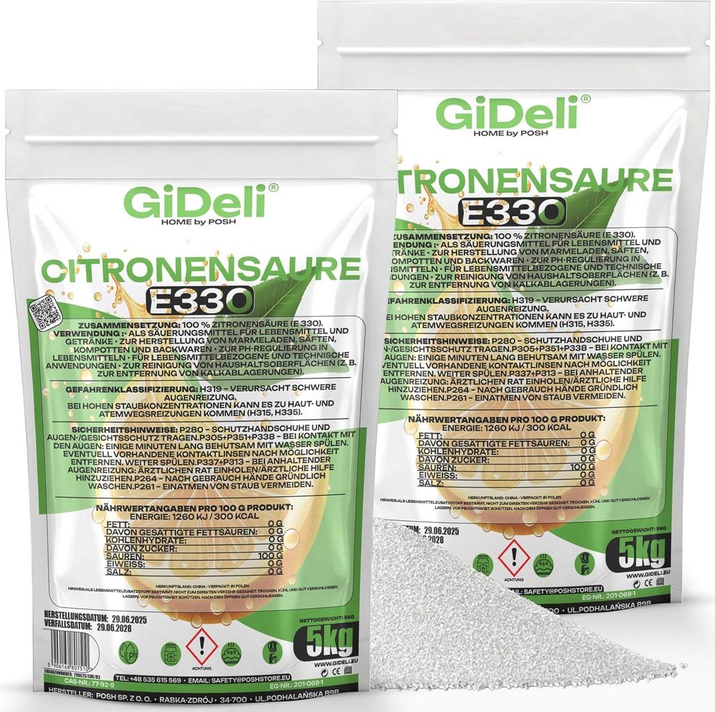 Zitronensäure 10kg Entkalker Citric Acid Lebensmittelqualität E330 Vegan GiDeli
