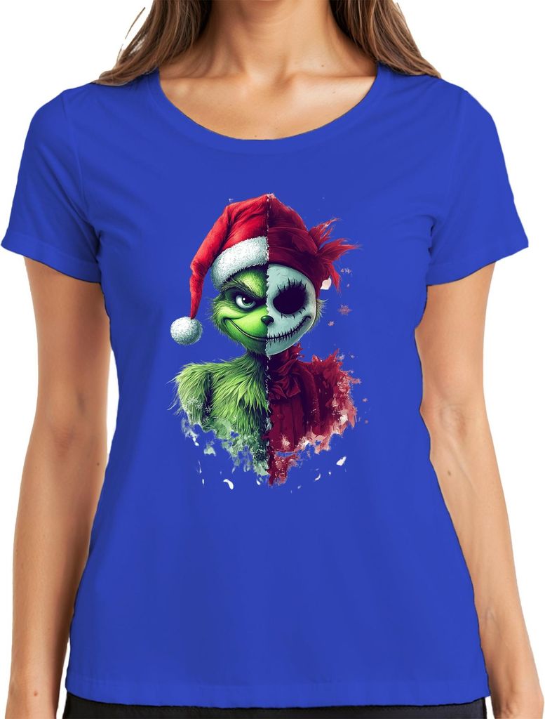 Grinch Jack Skellington Mashup Santa Hut Weihnachten Horror Geschenk Damen T-Shirt, Blau, XL