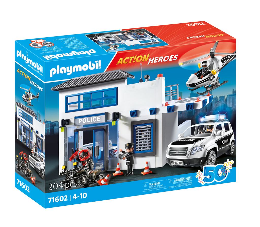A Playmobil police station playset box with a police car, helicopter, and figures.
