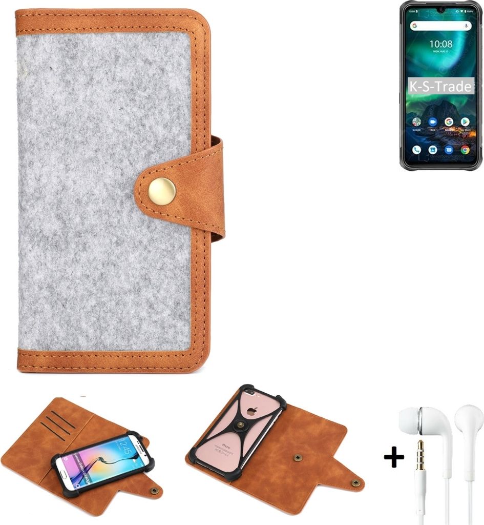 K-S-Trade Handyhülle + Kopfhörer kompatibel mit UMIDIGI Bison 2021 Schutzhülle Filz Hülle Kunstleder hellgrau braun (1x)
