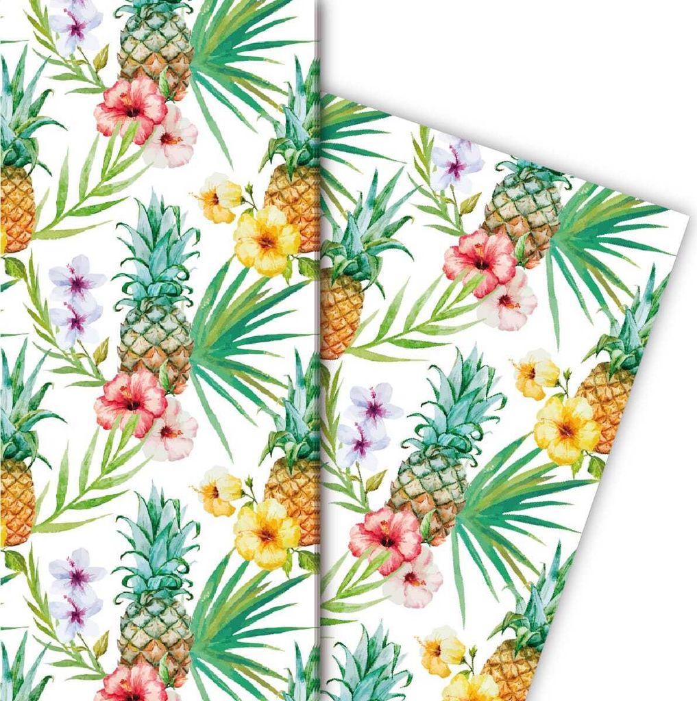 Tropisches Sommer Geschenkpapier mit Blumen, Annanas - G4832, 32 x 48cm