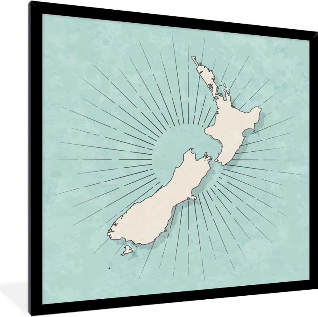 MuchoWow Gerahmtes Poster Eine Illustration einer weißen Karte von Neuseeland auf blau-grünem Hintergrund 40x40 cm - Poster mit Schwarzem Bilde...