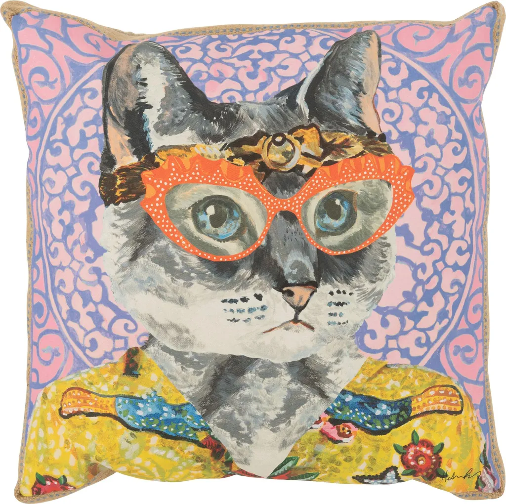 Coussin Chat Popart pour décoration salon moderne J-Line lin-poly