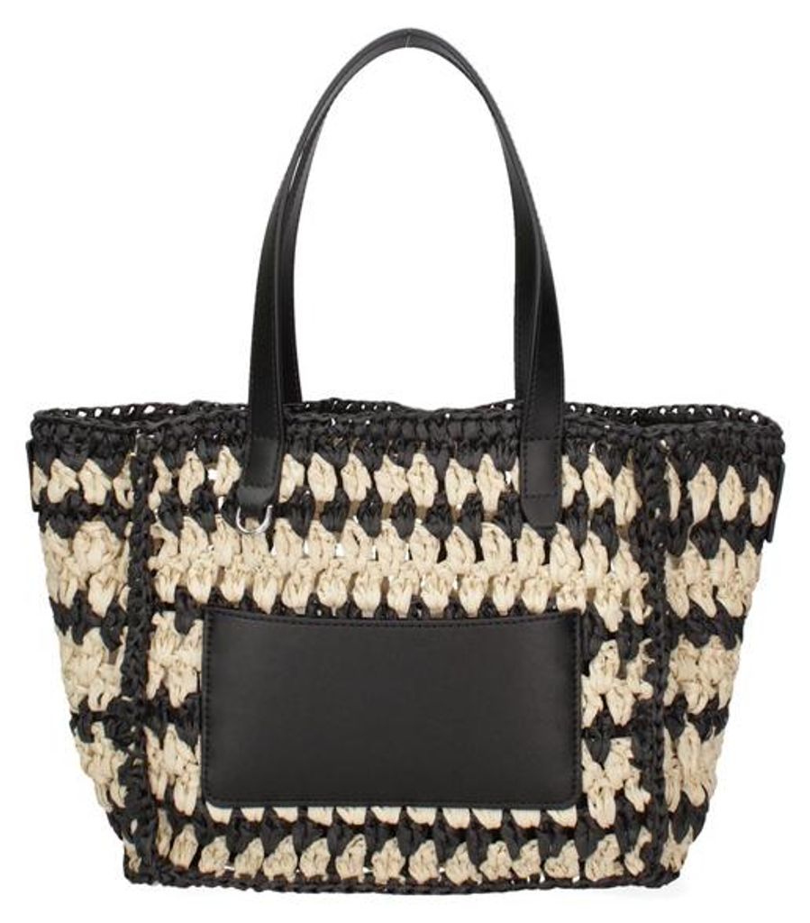 Sac tressé, noir et beige, avec des poignées en cuir Image du produit 