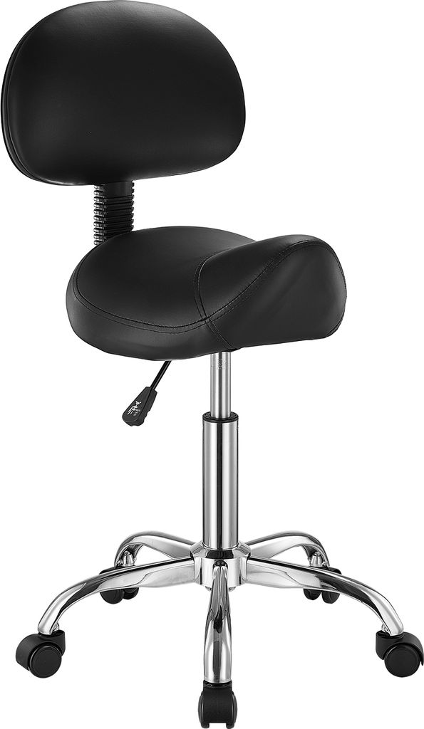 A studio shot of a black ergonomic stool with wheels and a backrest.