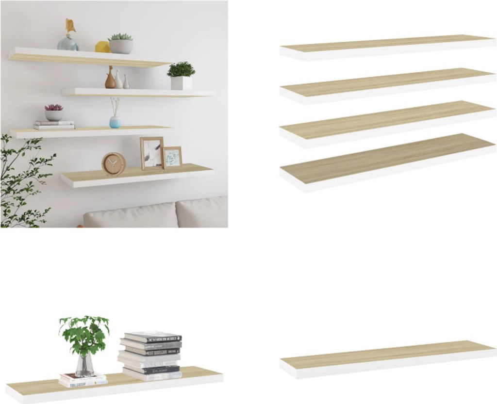 vidaXL Schweberegale 4 Stk. Eichen Optik und Weiß 120x23,5x3,8 cm MDF - Wandregal - Wandregale - Schwebendes Wandregal - Wandregal Schwebend