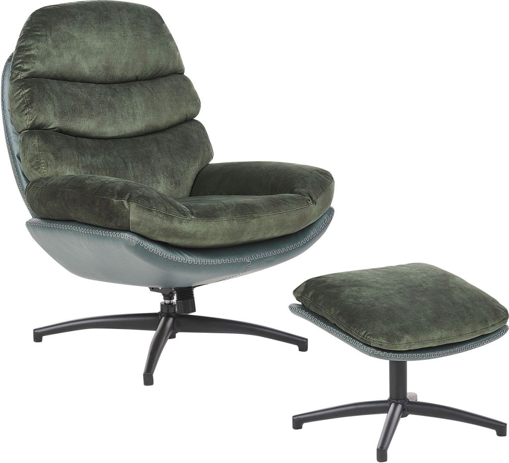 BELIANI Sessel mit Hocker Dunkelgrün Samtbezug Gesteppt Drehfunktion Dicke Polsterung Niedrige Armlehnen Retro Wohnzimmer Schlafzimmer Flur Aussta...