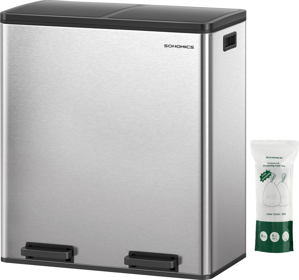 SONGMICS Mülleimer Mülltrennsystem, mit 2 Fächern, 2 x 30 L, Küche