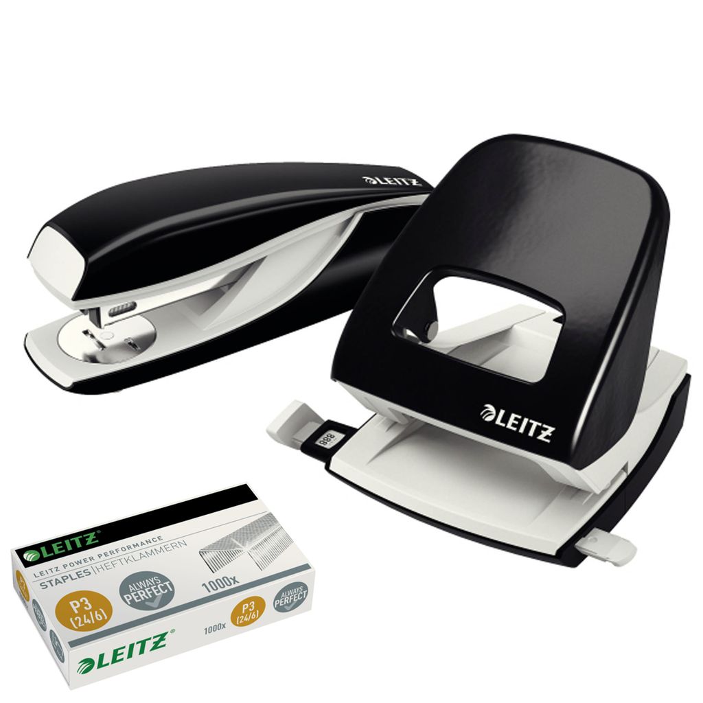 Locher Leitz 5008 + Hefter 5502 NeXXt, Metall, + 1000 Heftklammern 24/6, Kombi-Set , Farbe:schwarz