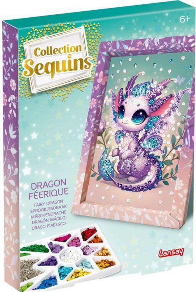 Bastelset Sequins Feenhaft Drache, Lansay, Inklusive Rahmen, Polystyrolplatte, Sequinfach, Vorbedrucktes Bild, Ab 6 Jahren