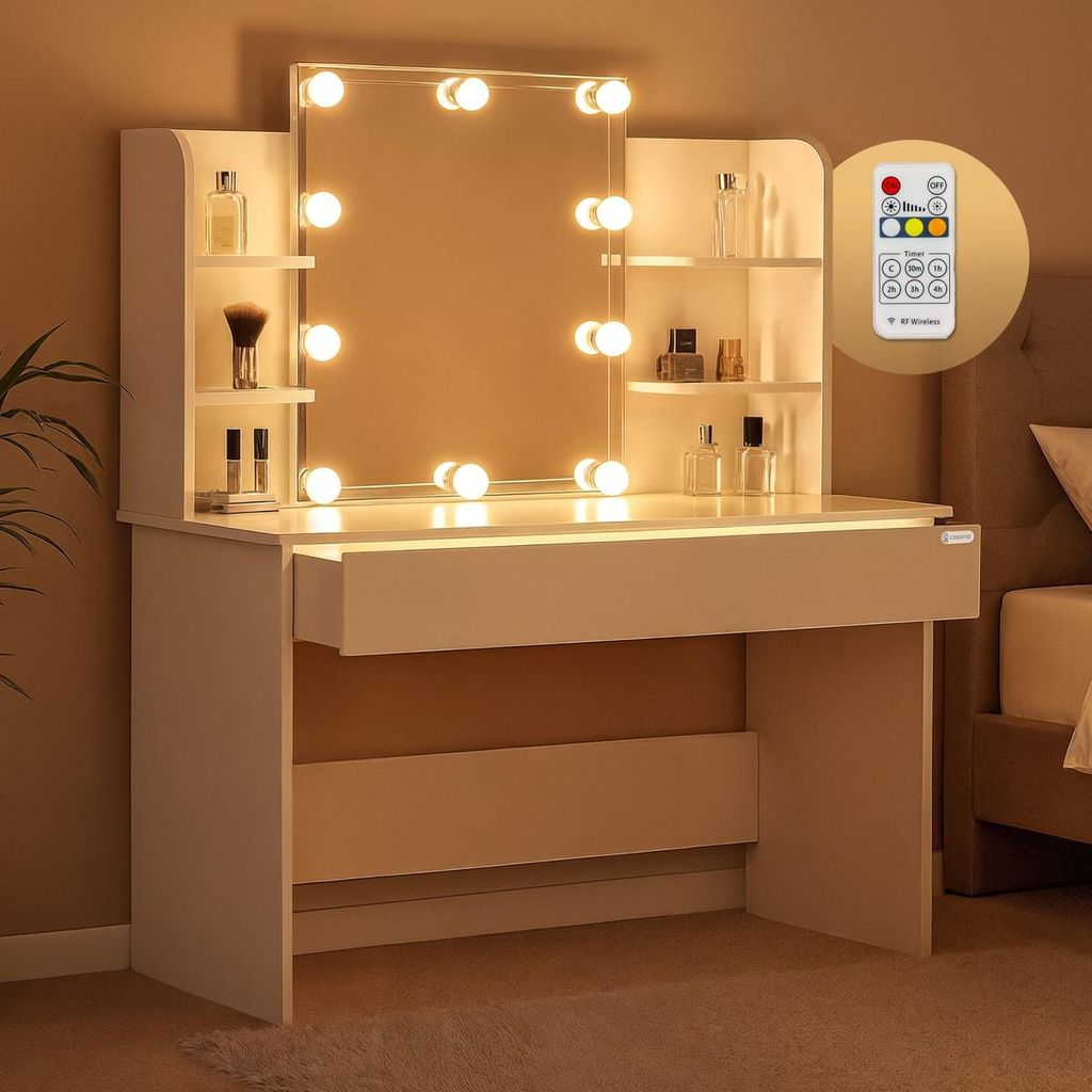 A well-lit makeup vanity with a mirror and LED lights.