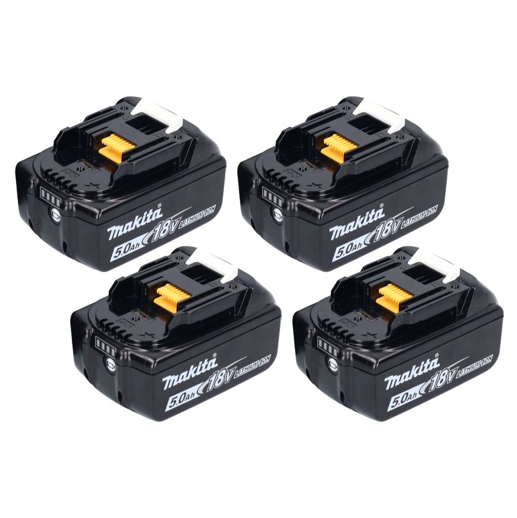 Four black Makita 18V 5.0 Ah Li-Ion batteries are arranged in a two-by-two grid on a white background.