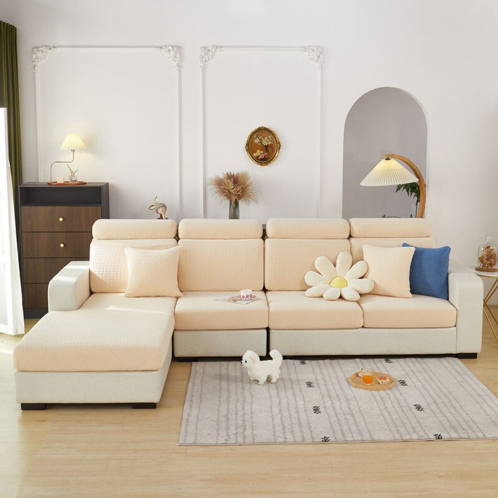 (Gewebe, Beige, Chaise-Bezug) Verschleißfester Universal-Sofabezug, elastischer, weicher, rutschfester Sofabezug, Möbelschutz, Sofabezug, Sofabez...