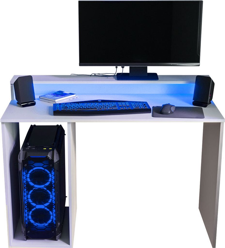 MIRJAN24 Gaming Schreibtisch Gamer 2, Computertisch mit Beleuchtung LED RGB, Monitor Regal, Gaming Stil (Farbe: Weiß)