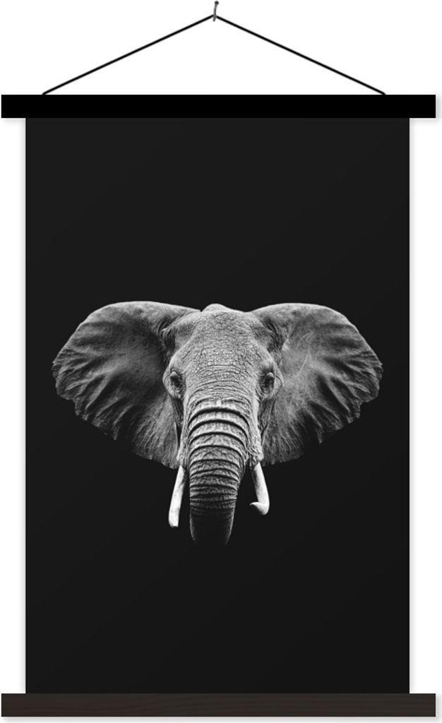 MuchoWow Textilposter Elefant auf schwarzem Hintergrund - schwarz und weiß 40x60 cm mit schwarzem Rahmen - Wanddekorationen