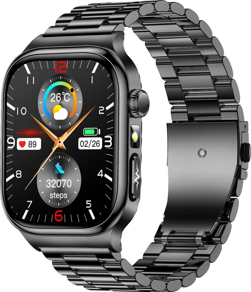 INF 2.04-Zoll AMOLED Smartwatch mit Gesundheitsüberwachung, Schwarz