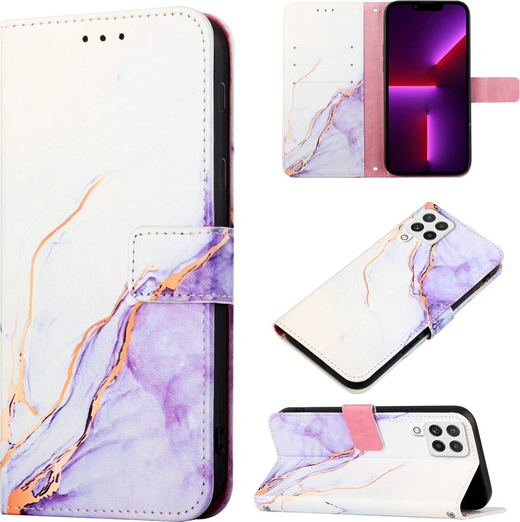 Galaxy A13 4G Hülle, Marmor Motiv Kunstleder Tasche Wallet Kartenfächer mit Standfunktion Klapp Schutzhülle für Samsung Galaxy A13 4G Weiß Lila