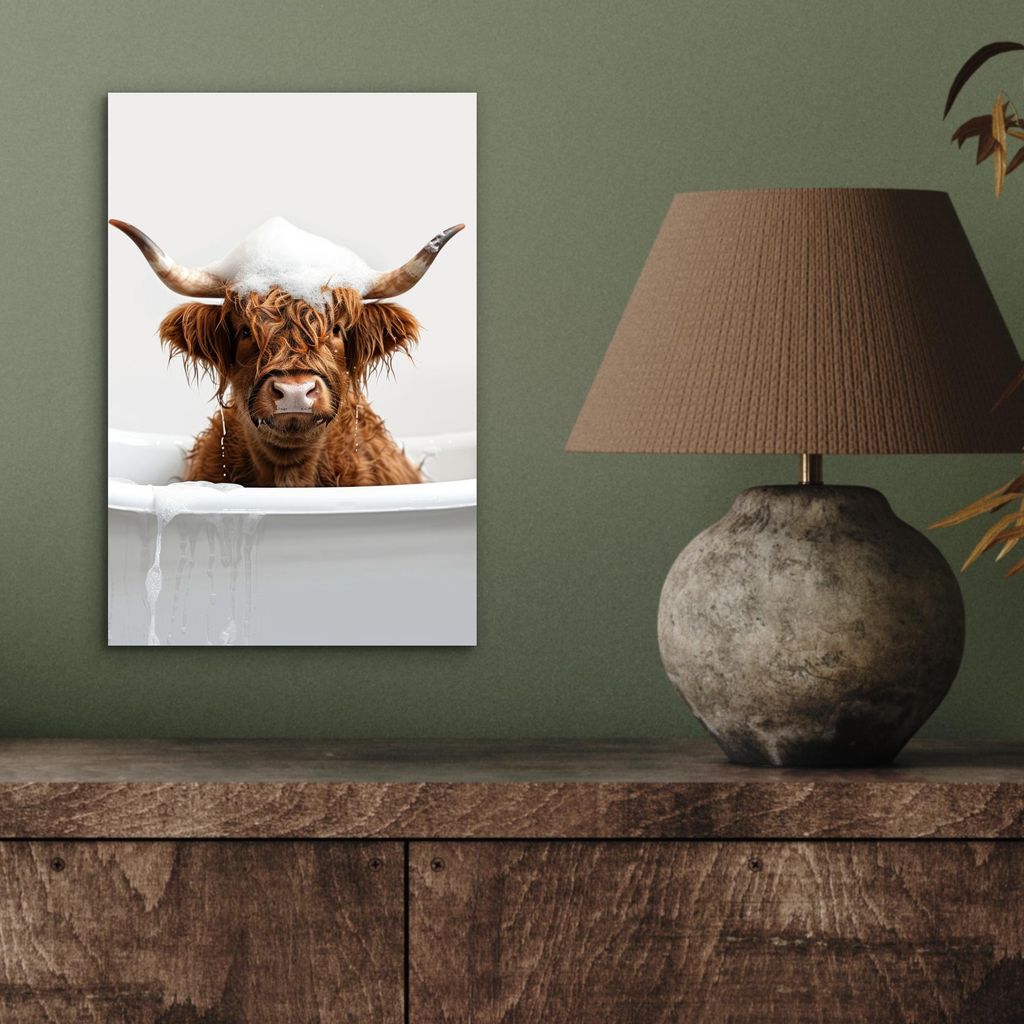 MuchoWow Wanddekoration Metall Metallbild Wandkunst 20x30 cm Schottisches Hochlandrind - Bad - Kuh - Tiere - Schaumstoff MuchoWow Aluminium Gemäld...