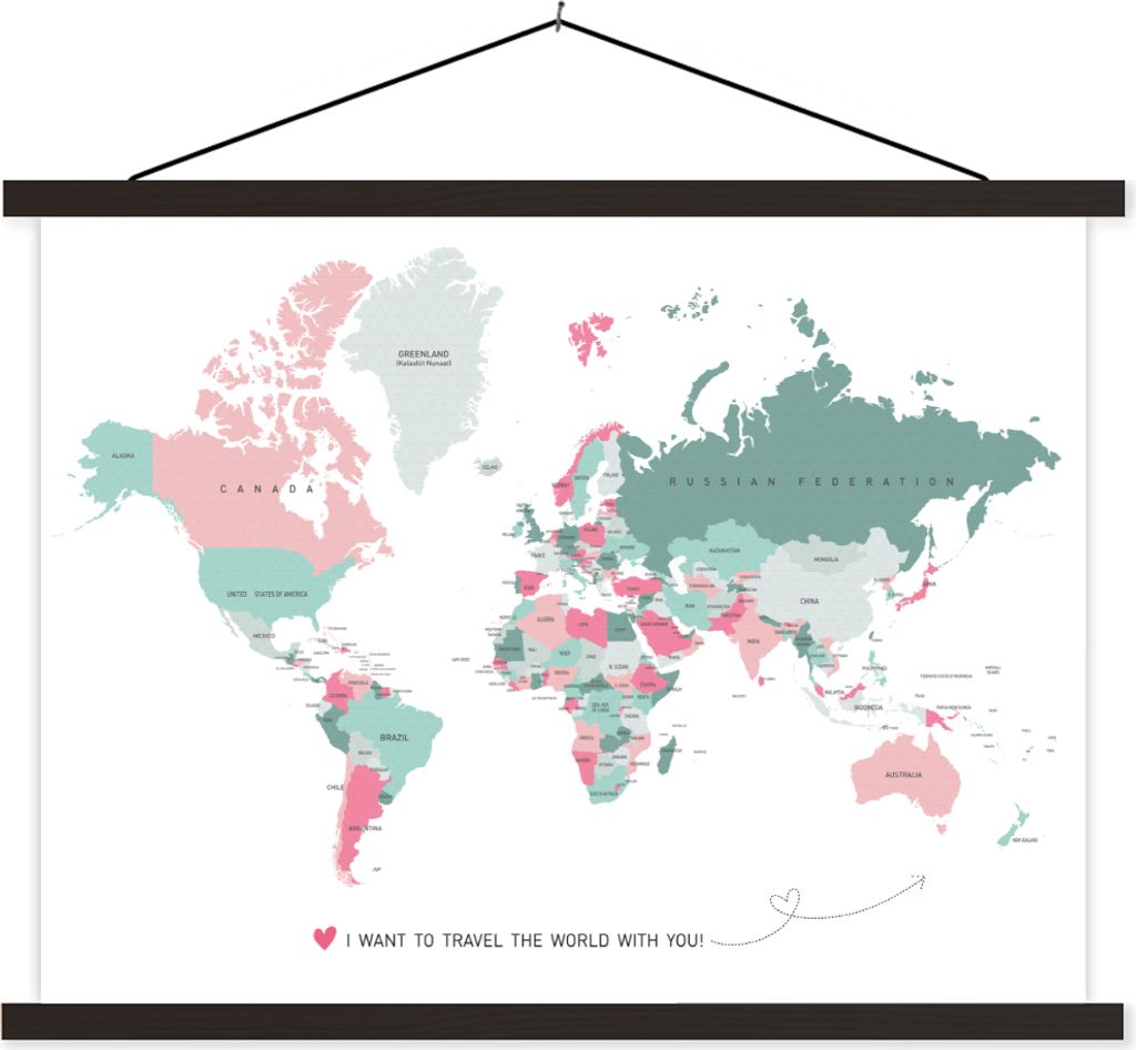MuchoWow Textilposter Weltkarte - Liebe - Rosa 40x30 cm mit schwarzem Rahmen - Dekorationen