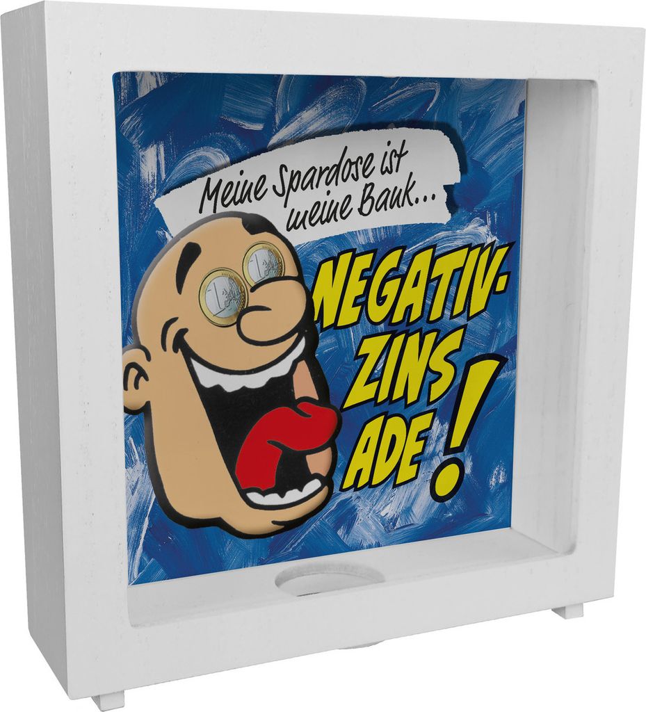 Rahmen Spardose aus Holz in blau zum Thema Negativzins mit Comic-Motiv