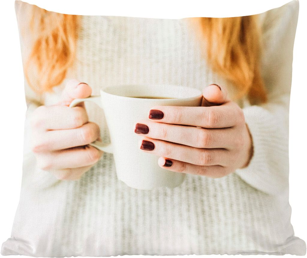 MuchoWow Zierkissen Sofakissen Wohnzimmer Dekokissen 60x60 cm Frau - Pullover - Kaffee - Sitzfläche - Foto Polster