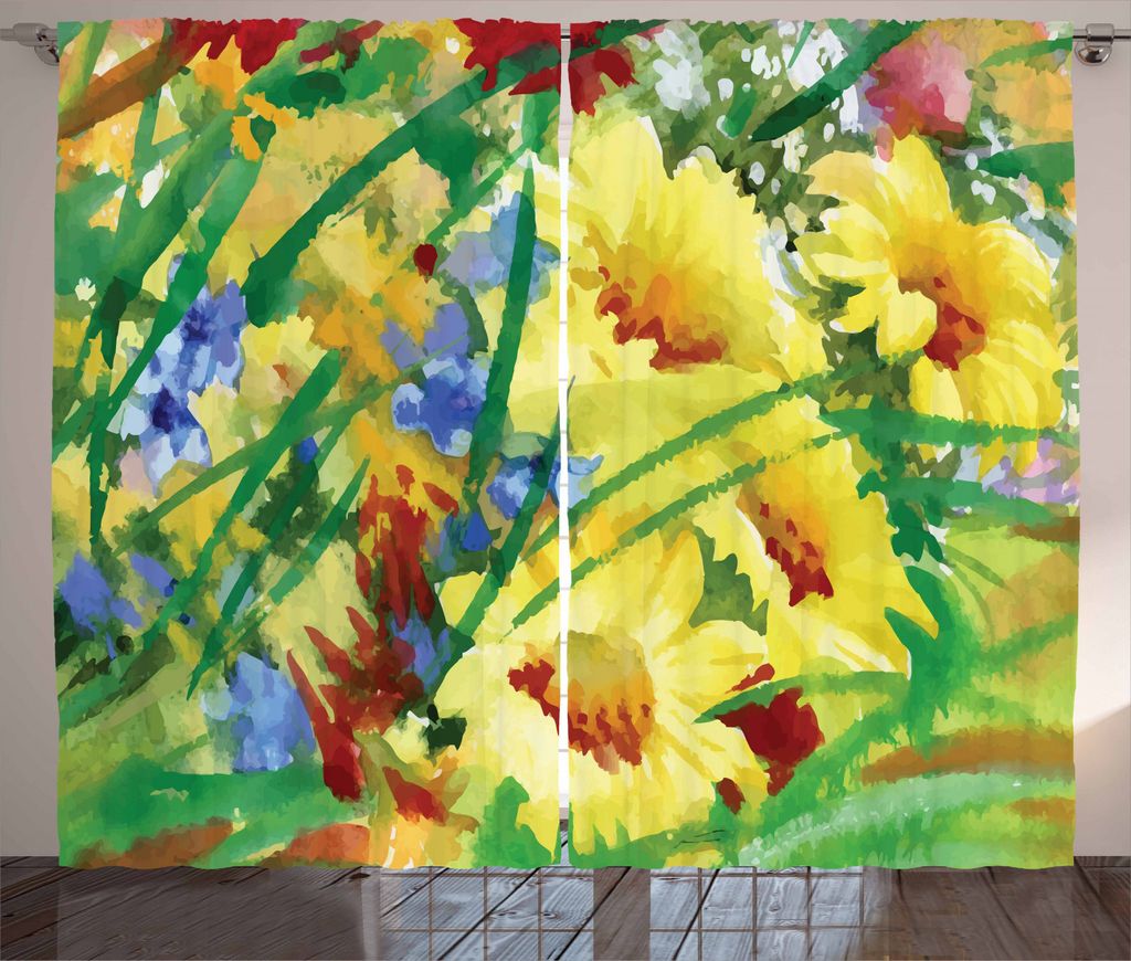ABAKUHAUS Kunst Rustikaler Gardine, Aquarell-Blumen-Feld, Schlafzimmer Kräuselband Vorhang mit Schlaufen und Haken, 280 x 245 cm, Mehrfarbig