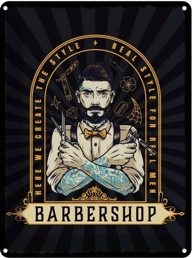 vianmo Blechschild 40x30 cm Barbershop Here we greate Style