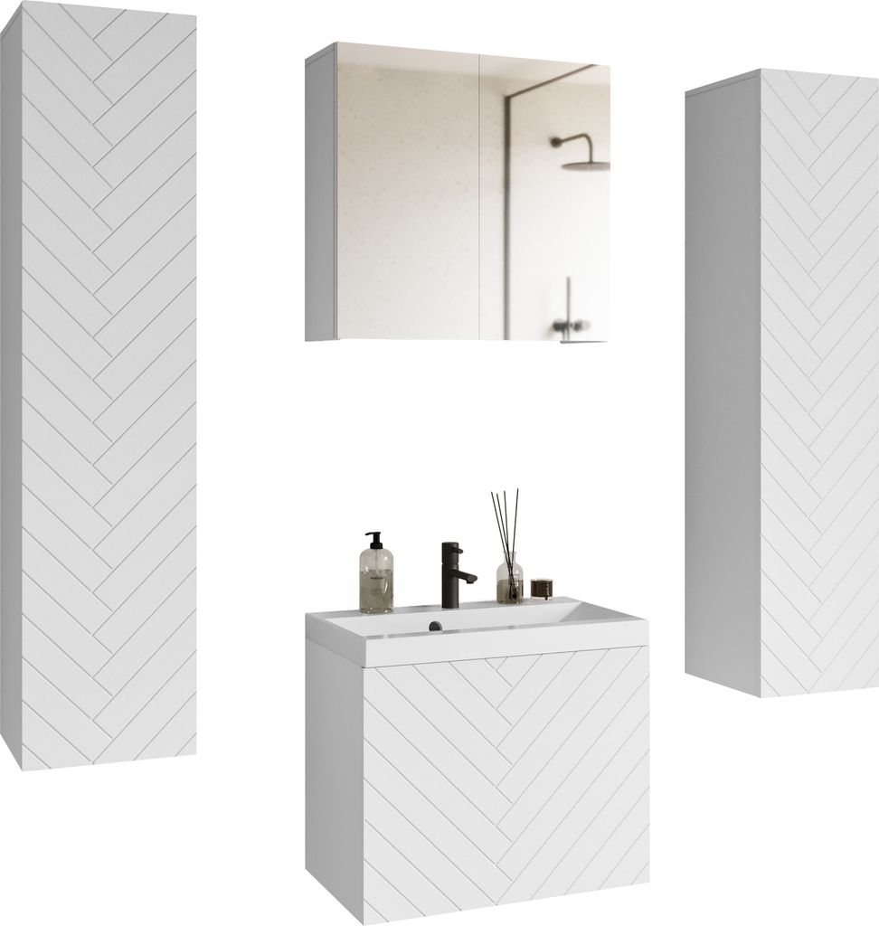 Minio, Badezimmermöbel “Nando XL”, 4-teiliges Hängeset, mit Spiegelschrank, Front MDF Platte mit Muster: Herringbone, weiß Farbe