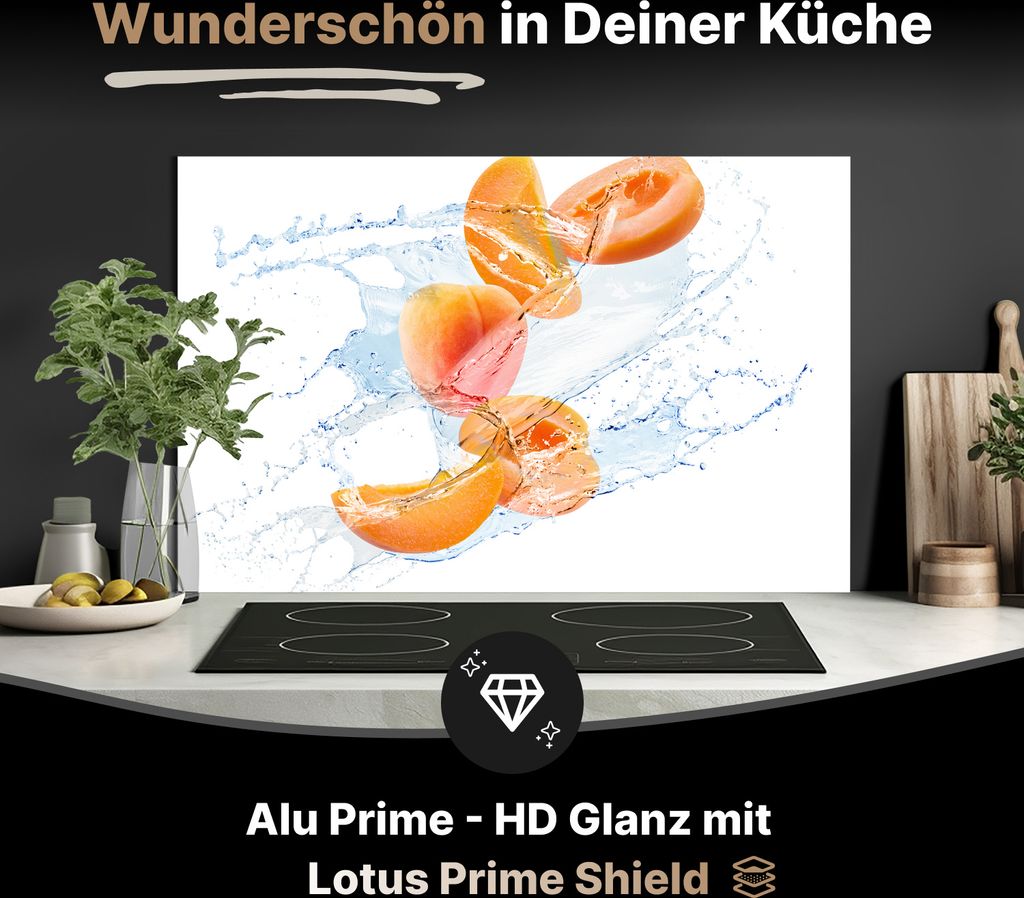 Spritzschutz Küchenrückwand aus Aluminiumverbund Glanz - 3mm - 125x60 cm - Spritzige Aprikosen