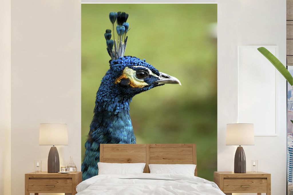 MuchoWow Fototapete für Wohnzimmer oder Schlafzimmer Wandtapete Vinyl Motivtapete Pfau - Porträt - Blau - 160x240 cm - Vinyltapete