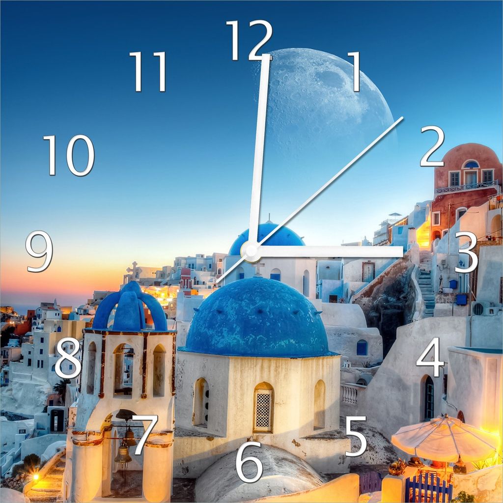 Wallario Design Wanduhr Urlaub auf Santorini aus Echtglas, Größe 30 x 30 cm