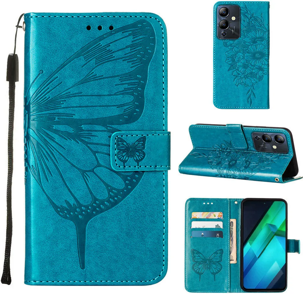 Custodia per Infinix Note 12i Butterfly Relief Custodia in pelle con tasche per carte e supporto Blu