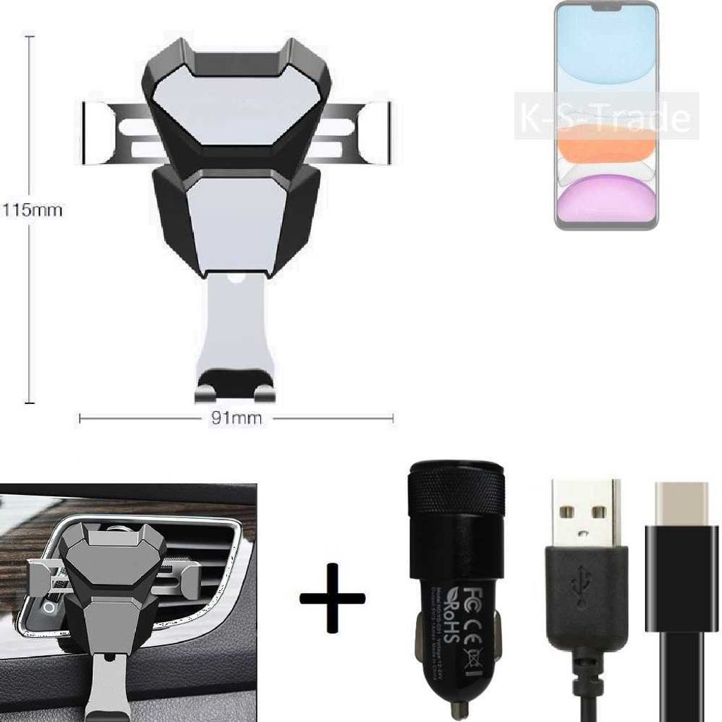 K-S-Trade Lüftungsschlitz Halterung kompatibel mit Meizu M10S Lüftungshalterung Lüftungsgitter schwarz-silber Auto-Halterung Smartphone Halter
