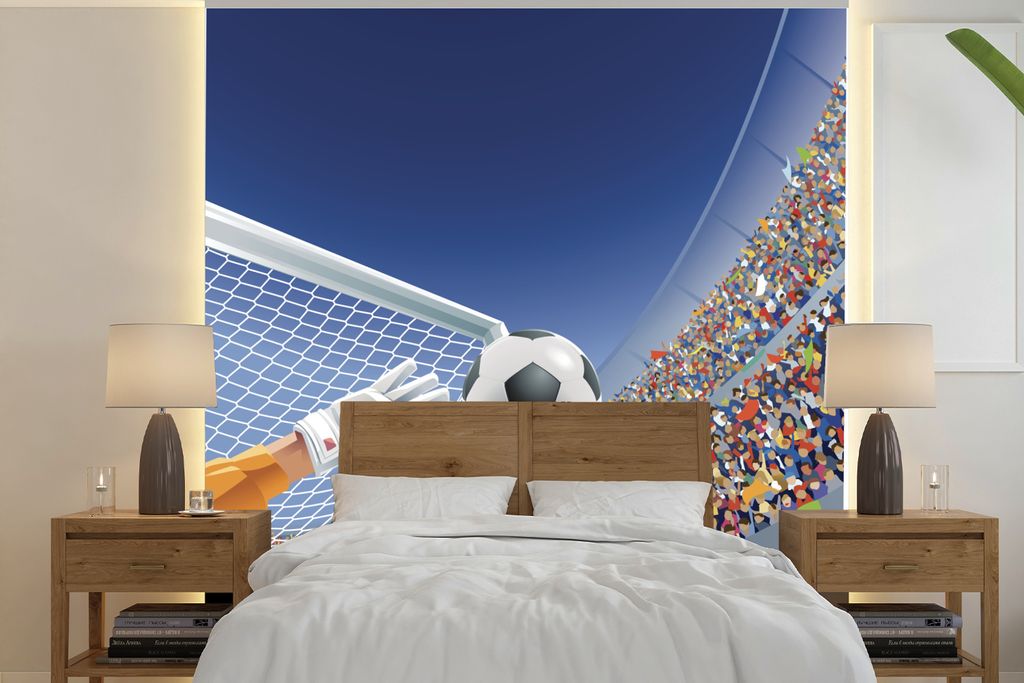 MuchoWow Fototapete für Wohnzimmer oder Schlafzimmer Wandtapete Vinyl Motivtapete Eine Illustration eines Torwarts, der den Fußball stoppt - Ju...