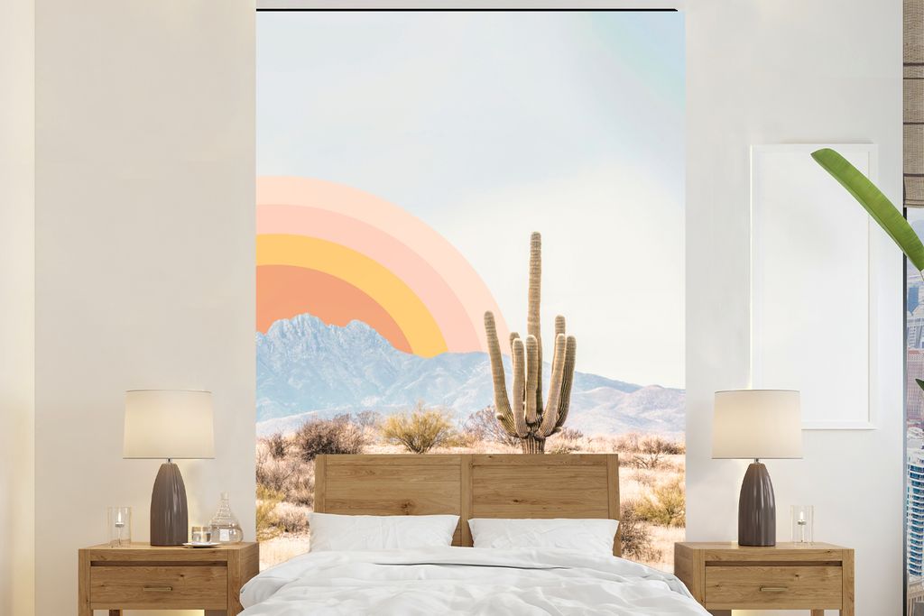 MuchoWow Fototapete für Wohnzimmer oder Schlafzimmer Wandtapete Vinyl Motivtapete Kakteen - Pflanzen - Natur - Sonne - 195x300 cm - Das Hintergr...