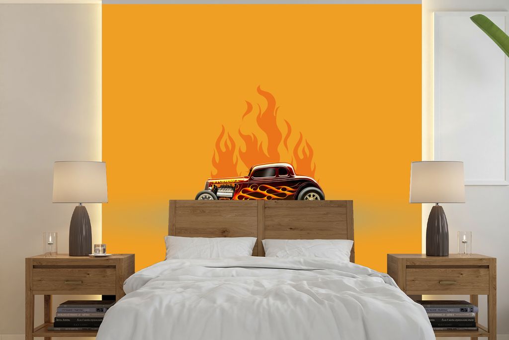 MuchoWow Fototapete für Wohnzimmer oder Schlafzimmer Wandtapete Vinyl Motivtapete Auto - Flammen - Rot - Vintage - 240x240 cm - Schlafzimmer-Tapete