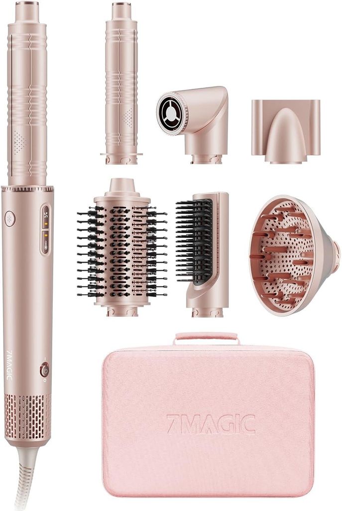 7 in 1 Airstyler 1400W Multistyler Set mit Lockenstab Auto-Wrap, Rundbürstenföhn, Glätteisen, Ionen Föhn, Diffusor, Reisebox, Volumen, Locken, ...