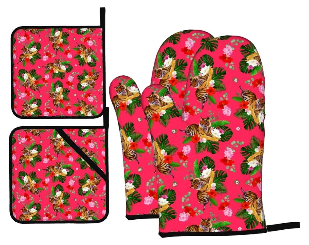 Ofenhandschuhe und Topflappen, Motiv: Tigerblumen mit Blättern, hitzebeständig, für die Küche, Kochen, Grillen, 4 Stück