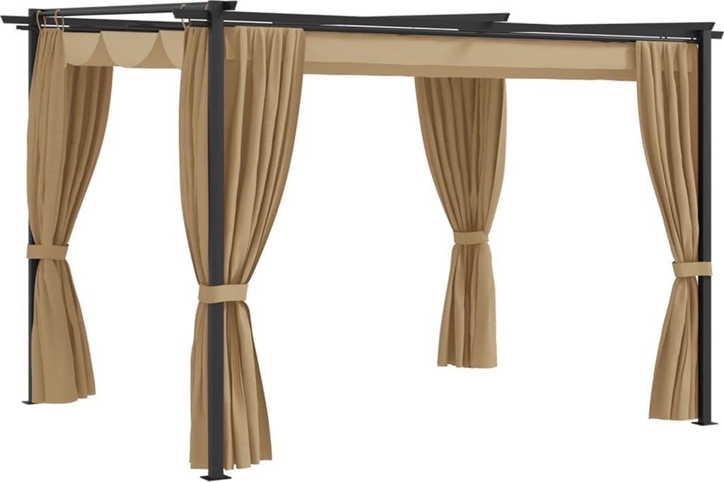 Taupefarbener Pavillon mit Vorhängen 3x3 m. Stahl ist stabil und langlebig, wasserdicht und UV-beständig