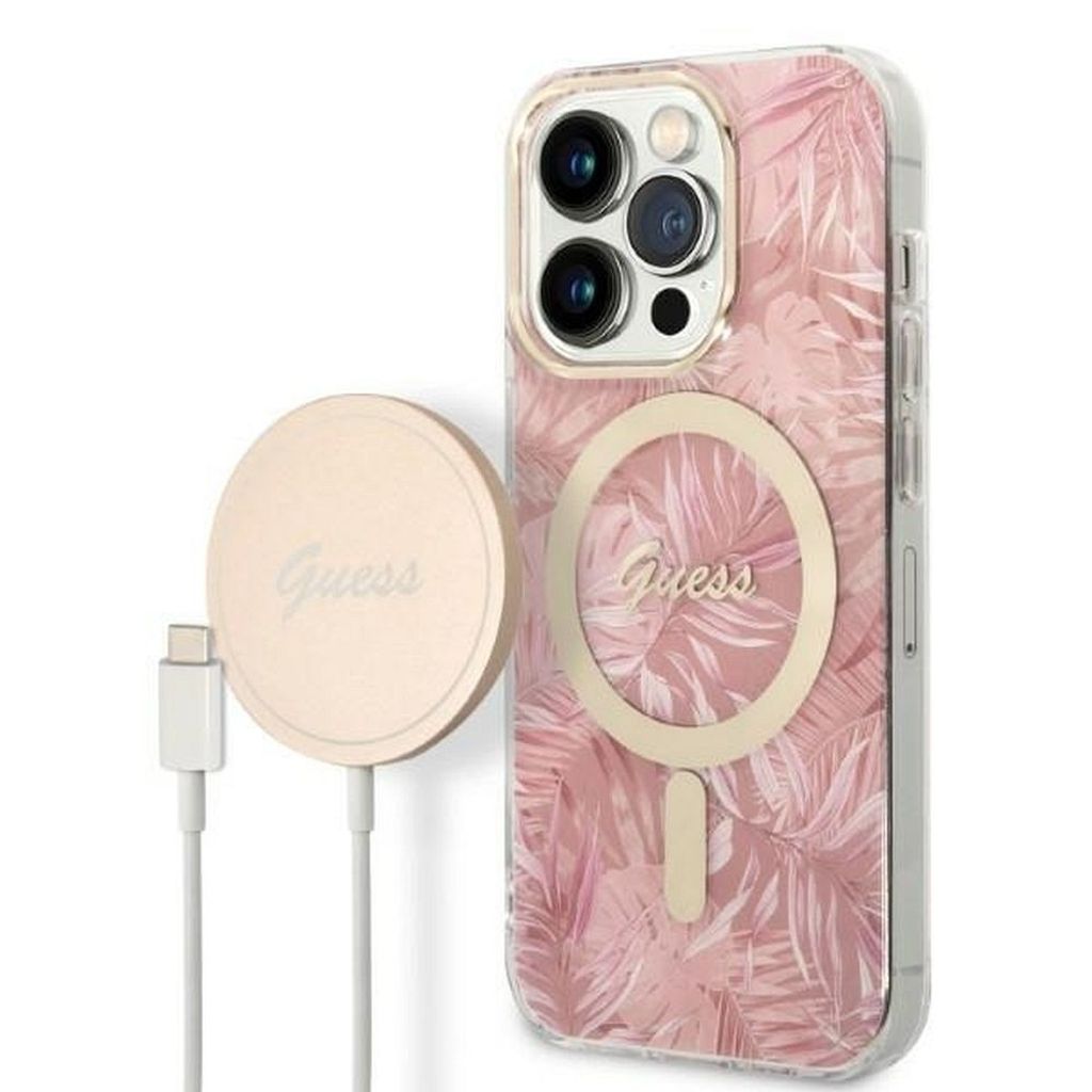 Guess, Bundle Hülle für iPhone 14 Pro Max Dschungelmuster und Qi MagSafe Wireless Charger, Rosa