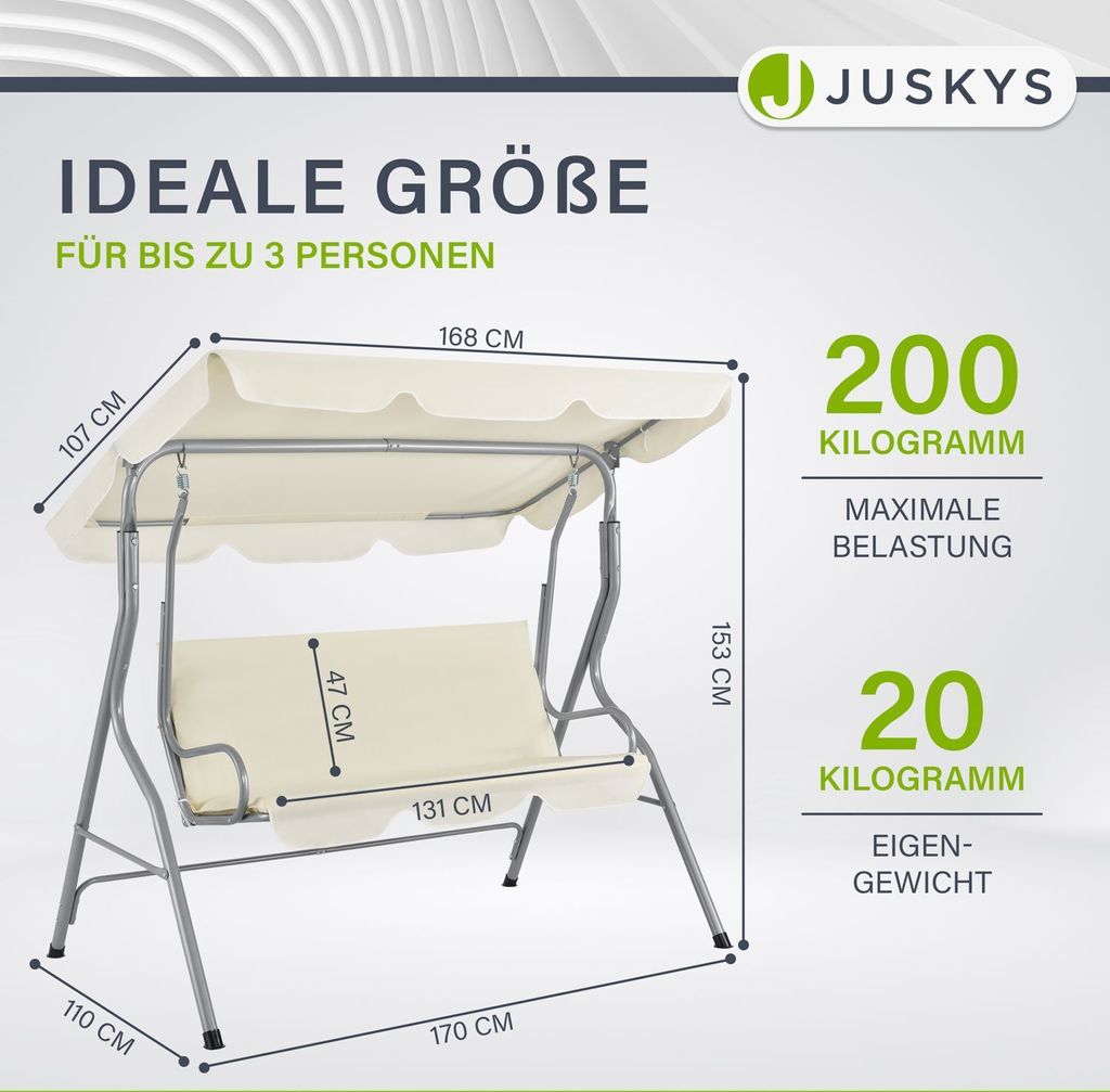Juskys Hollywoodschaukel 3-Sitzer mit Dach & Sitzauflage – Produktbild 13