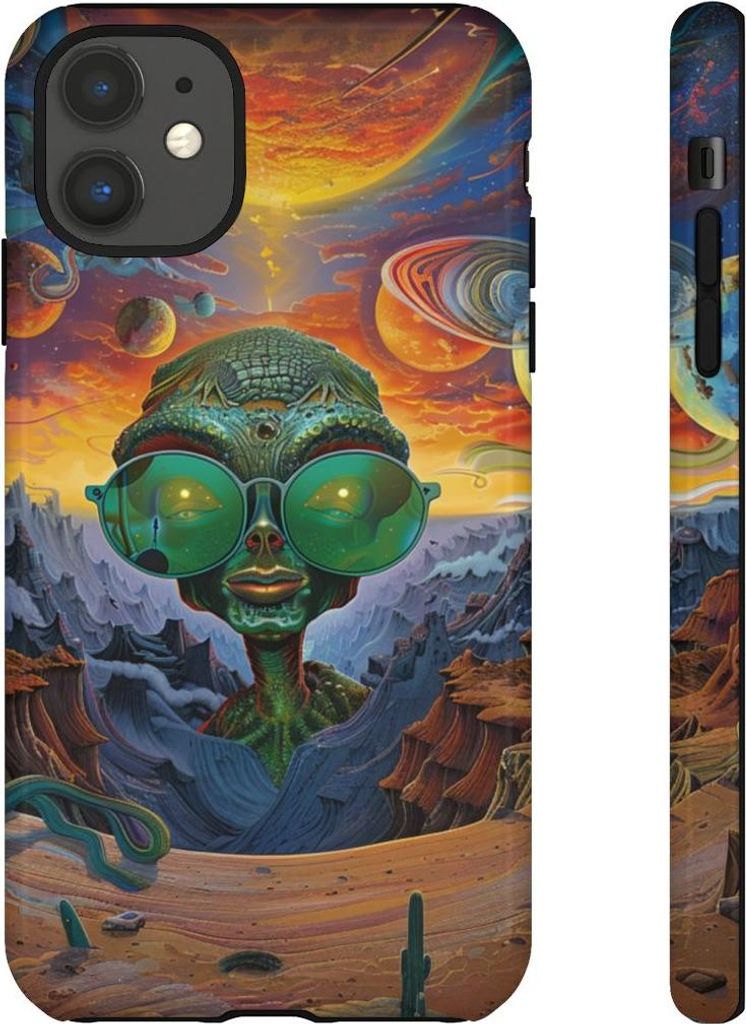 Grünes Alien mit Sonnenbrille in psychedelischer Weltraumlandschaft – Hülle Kompatibel mit iPhone 11