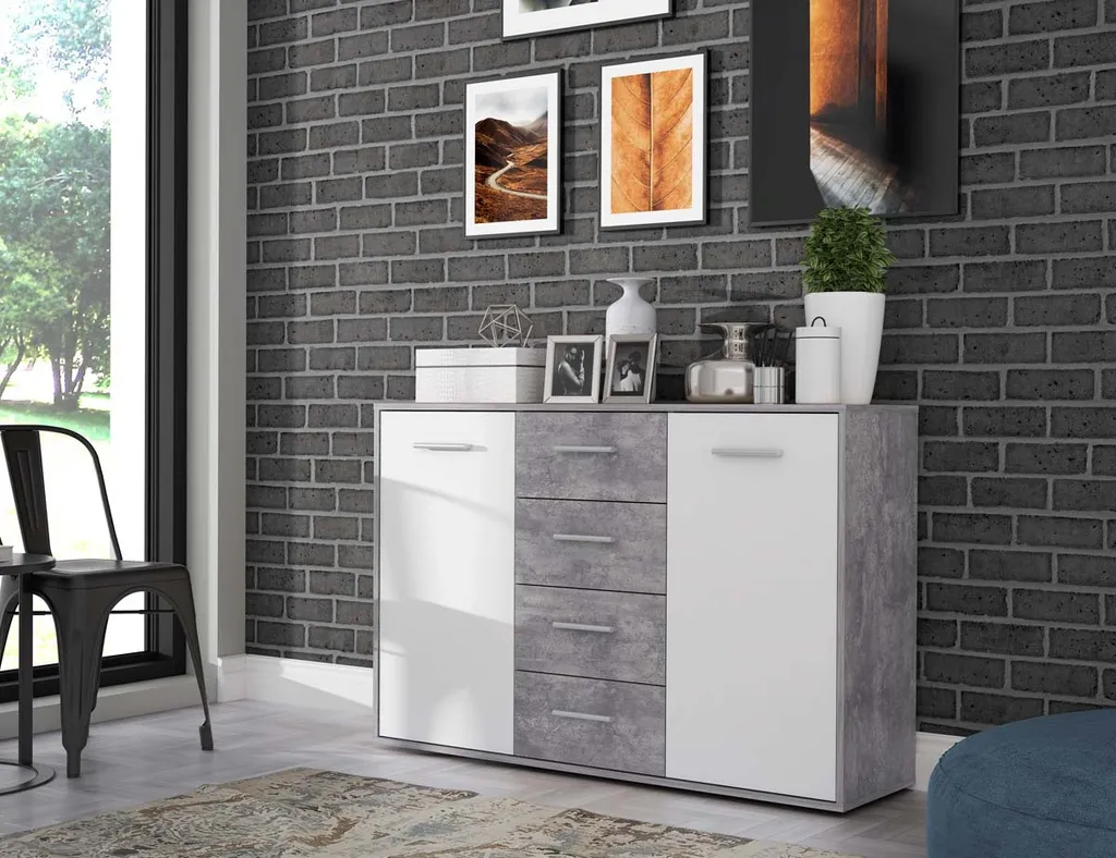 Commode de salon PILVI bicolore béton gris et blanc 122x88x34 cm